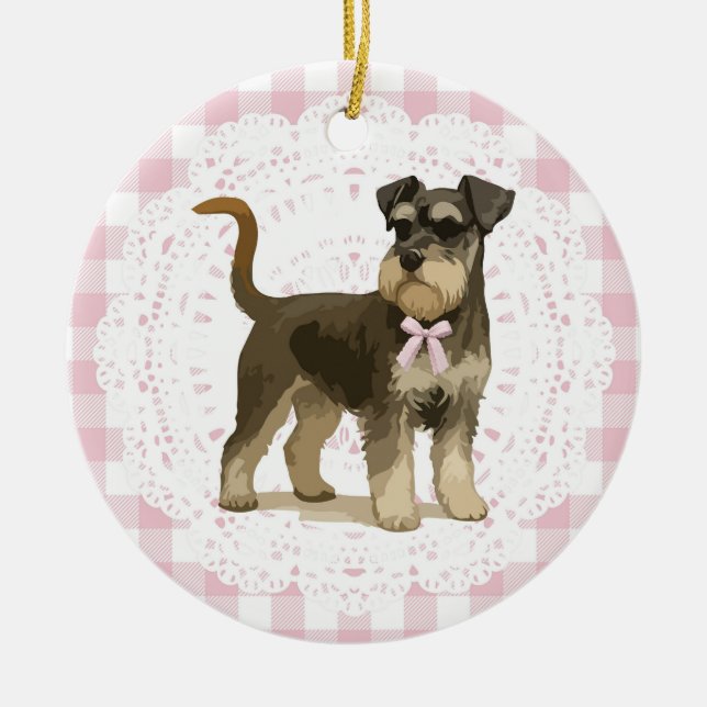 Coquette Miniature Schnauzer Hund Rosa Ginghamslin Julgransprydnad Keramik (Framsidan)
