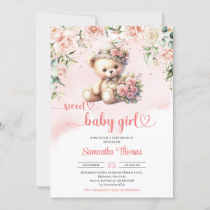 Coquette-nalle med blommor, babydusch inbjudningar