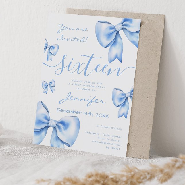 Coquette Navy Blue Bow Sweet 16 Party Inbjudningar (Coquette Navy Blue Bow Sweet 16 Party Invitation)