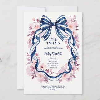 Coquette Navyblå Båge Tvillingar Baby Shower Inbjudningar