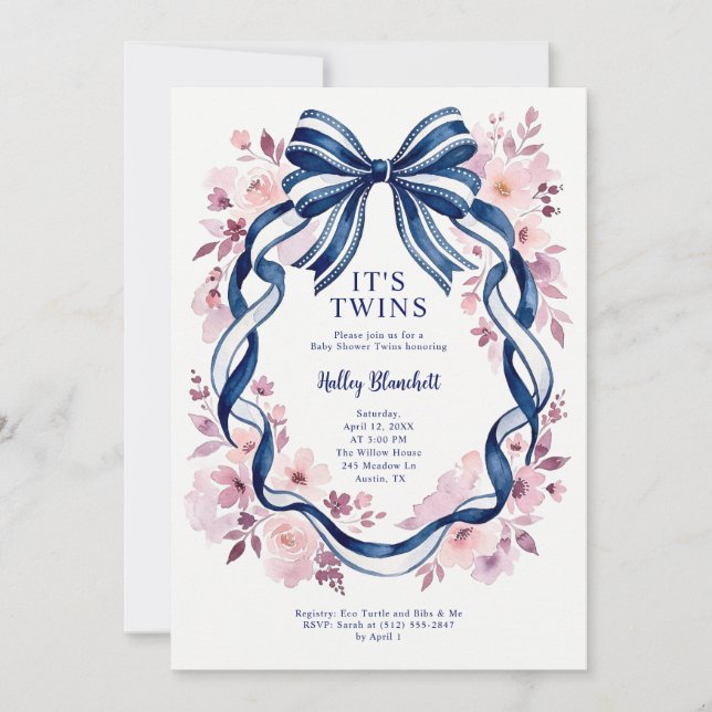 Coquette Navyblå Båge Tvillingar Baby Shower Inbjudningar (Framsida)