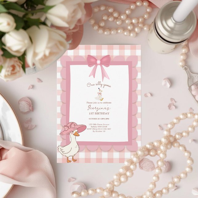 Coquette One Dumma Gås Rosa Rosett 1-års Födelseda Inbjudningar (Skapare uppladdad)