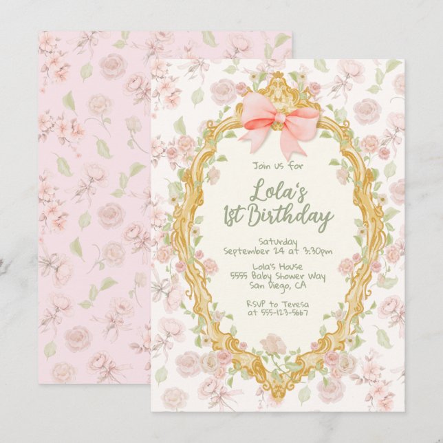 Coquette Ornate Ram Rosa Bow Toile Birthday Inbjudningar (Fram/baksida)