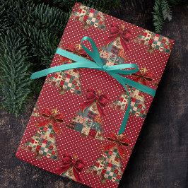 Coquette patchwork christmas trees red polka dots presentpapper