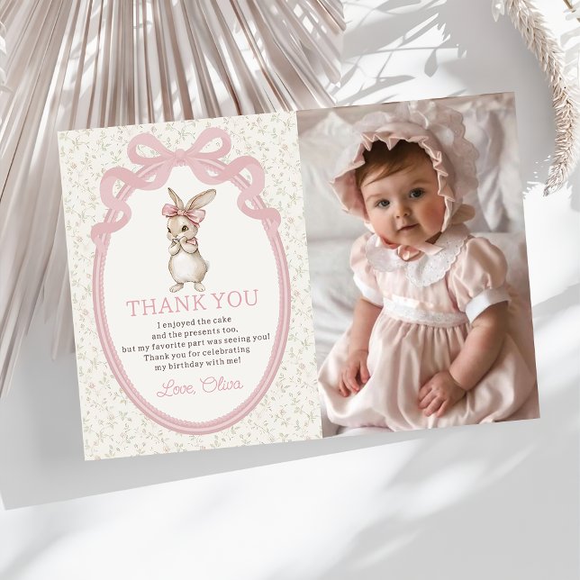 Coquette Pink Bow Bunny Birthday Thank You Card Tack Kort (Skapare uppladdad)