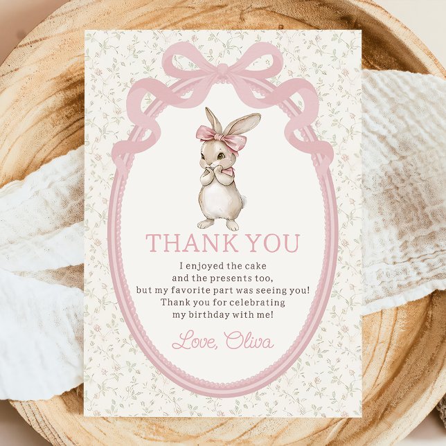 Coquette Pink Bow Bunny Birthday Thank You Card Tack Kort (Skapare uppladdad)