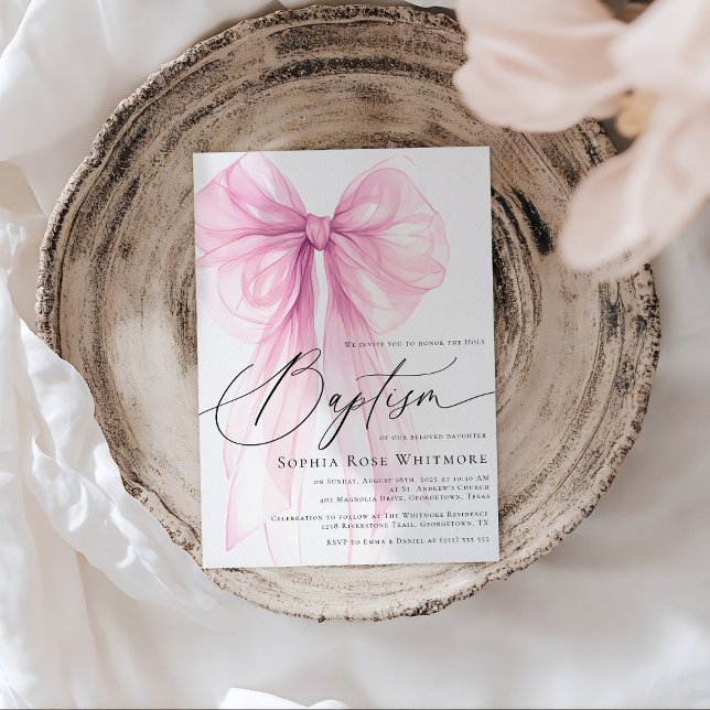 Coquette Pink Bow Girl Baptism Inbjudningar (Skapare uppladdad)