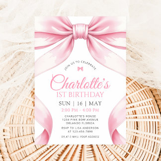  Coquette Pink Bow Girl First Birthday Invitation Inbjudningar