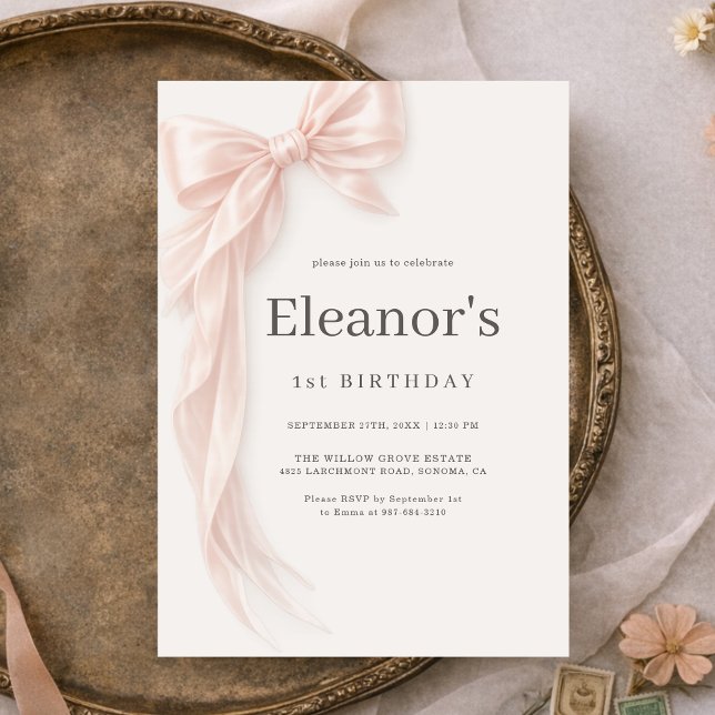 Coquette Pink Bow Girl's 1st Birthday Inbjudningar (Skapare uppladdad)