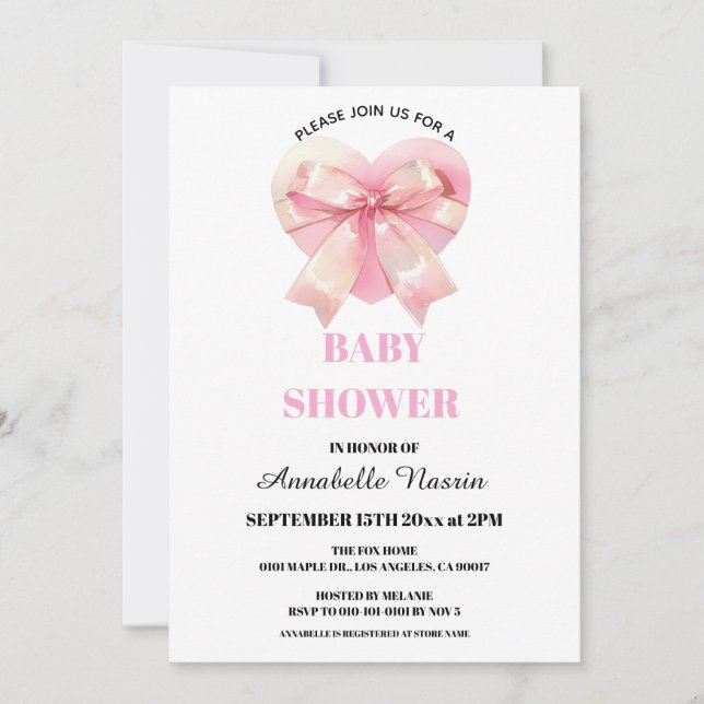 Coquette Pink Bow Ribbon Girl Baby Shower Inbjudningar (Framsida)