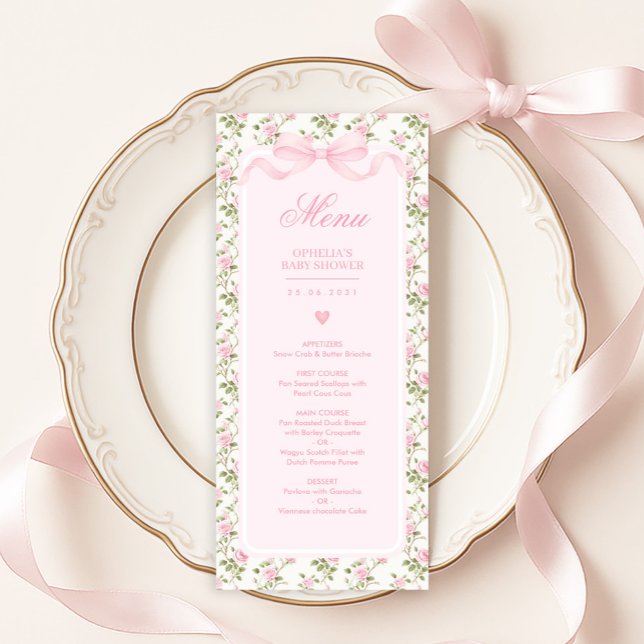 Coquette Pink Bow Roses Baby Shower Menu Inbjudningar (Skapare uppladdad)