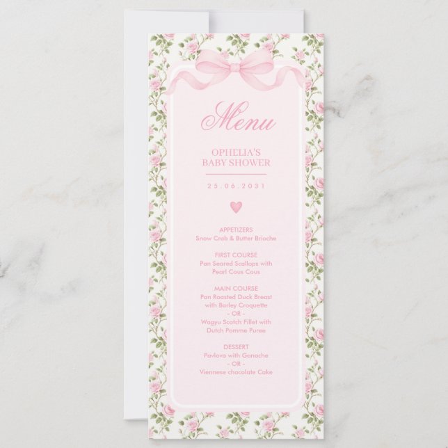 Coquette Pink Bow Roses Baby Shower Menu Inbjudningar (Framsida)