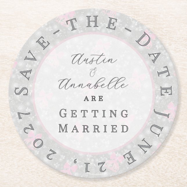 Coquette Pink bow-Save-the-Date coaster Underlägg Papper Rund (Framsidan)