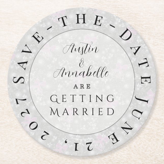 Coquette Pink bow-Save-the-Date coaster Underlägg Papper Rund (Framsidan)