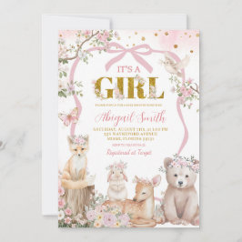 Coquette pink bow woodland animals baby shower inbjudningar