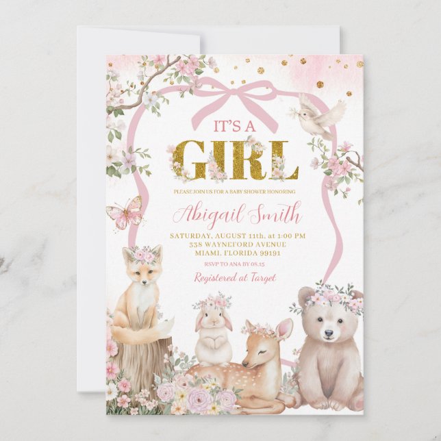 Coquette pink bow woodland animals baby shower inbjudningar (Framsida)
