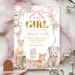 Coquette pink bow woodland animals baby shower inbjudningar