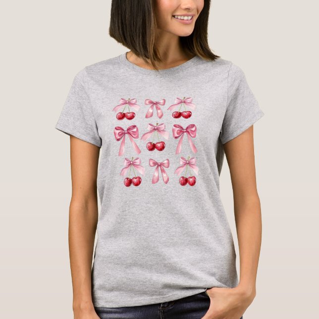 Coquette Pink Bows and Cherries Watercolor Aesthet T Shirt (Framsida)