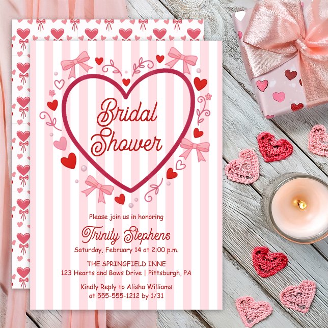 Coquette Pink | Red Hearts and Bows Bridal Shower Inbjudningar (Pink | Red Coquette Hearts and Bows with Pink | White Stripes Bridal Shower Invitation Print Digital)