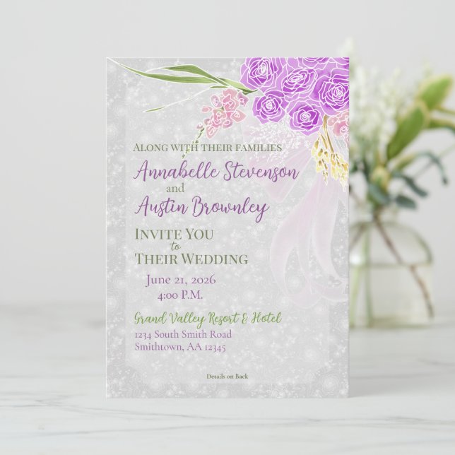 Coquette pink Sheer bow Bouquet Wedding Invitation Inbjudningar (Stående Fram)