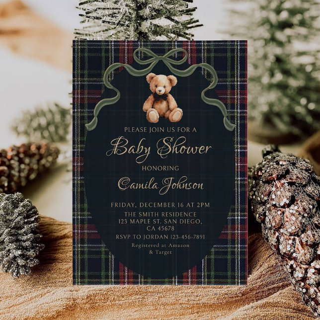 Coquette Plaid Teddy Bear Baby Shower Invitation Inbjudningar (Skapare uppladdad)