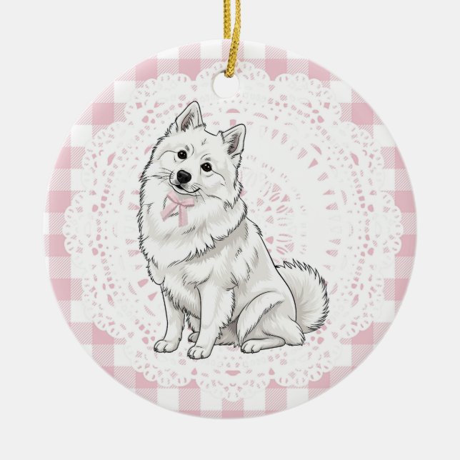 Coquette Pomeranian Dog Pink Gingham Bows Julgransprydnad Keramik (Framsidan)
