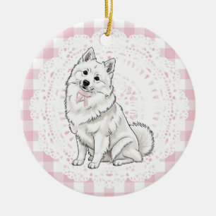 Coquette Pomeranian Hund Rosa Ginghamslingor Julgransprydnad Keramik