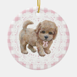 Coquette Poodle Dog Pink Gingham Bows Julgransprydnad Keramik