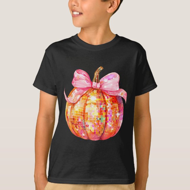 Coquette Pumpkin Bow Disco Ball Cute Girly Hallowe T Shirt (Framsida)