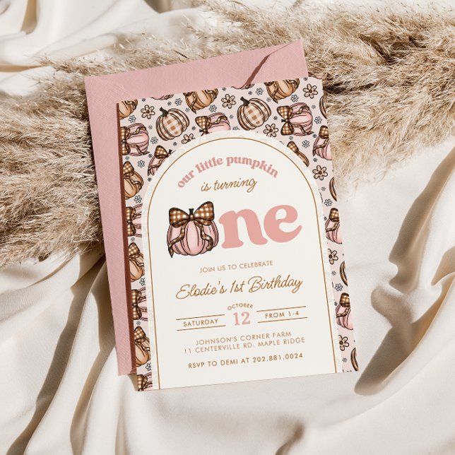 Coquette Pumpkin Gingham Fall Blommigt 1:a födelse Inbjudningar (Skapare uppladdad)