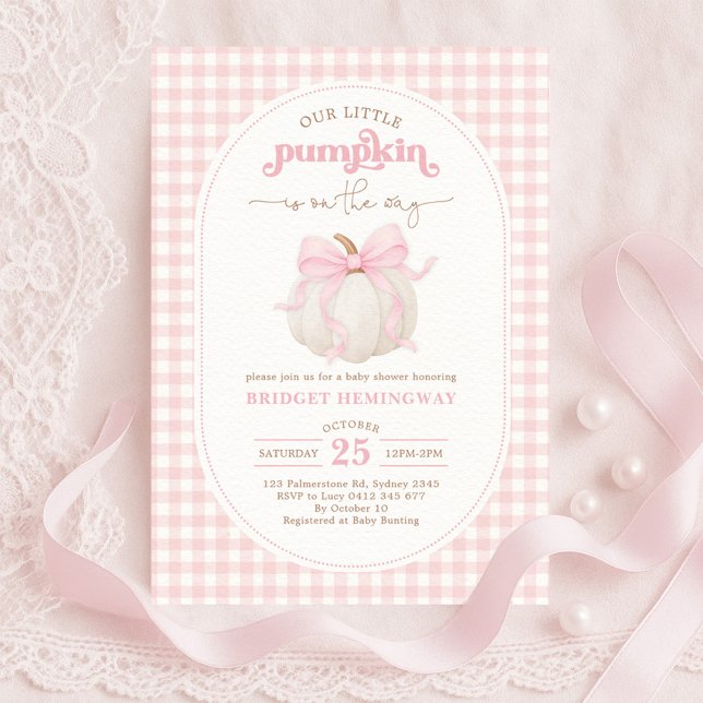Coquette Pumpkin Rosa Bow Gingham Girl Baby Shower Inbjudningar (Skapare uppladdad)