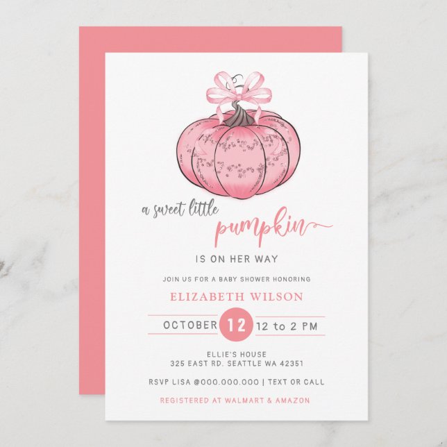 Coquette Pumpkin Rosa Bow Girl Baby Shower Inbjudningar (Fram/baksida)