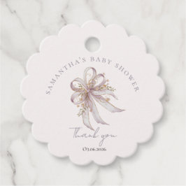 Coquette purple bow baby shower  gåvor etiketter