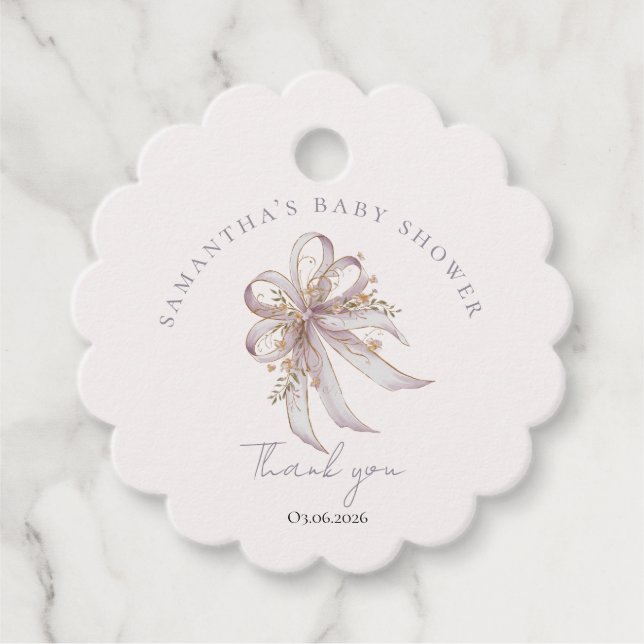 Coquette purple bow baby shower  gåvor etiketter (Framsida)