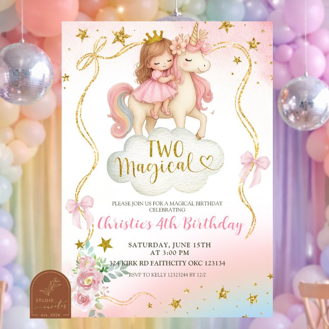 Coquette Rainbow Pastel Unicorn TWO Magical Birthd Inbjudningar (Skapare uppladdad)