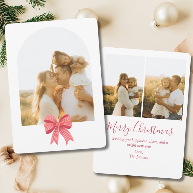 Coquette Red Bow Arch Preppy 3 Photo jul Julkort (Coquette Red Bow Arched Christmas Card)