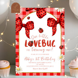 Coquette Red Bow Lovebug First Birthday Invitation Inbjudningar