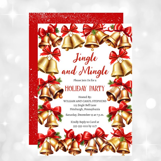 Coquette Red Bows | Klockor Julfest jul Inbjudningar (Coquette Red Bows and Jingle Bells Christmas Holiday Party Invitation)