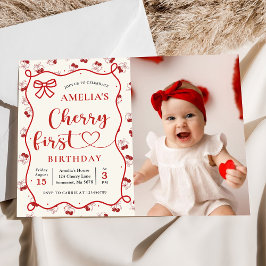 Coquette Red Cherry First Birthday Photo Inbjudningar