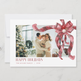 Coquette Red Plaid Gift Bow Photo Christmas Card Julkort