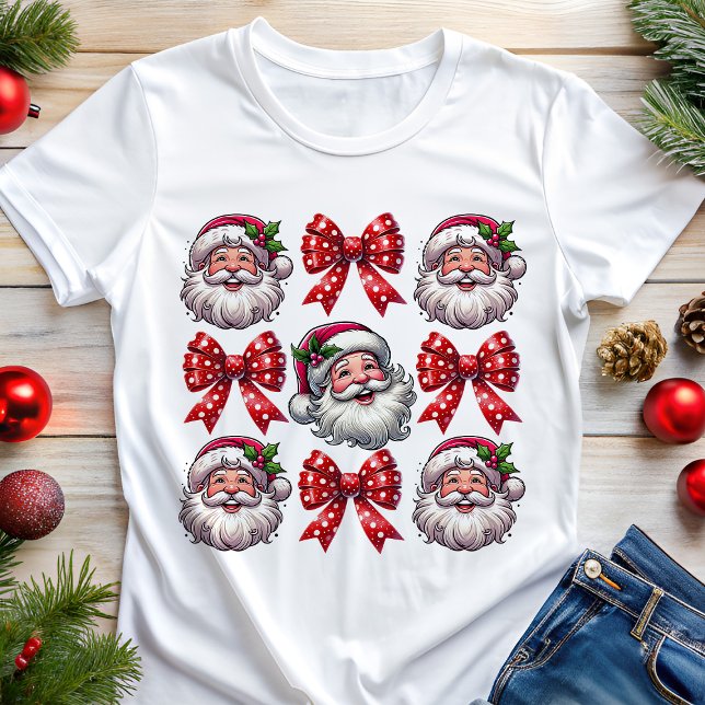 Coquette Retro Santa Ansikte och Red Bows-jul T Shirt (Skapare uppladdad)