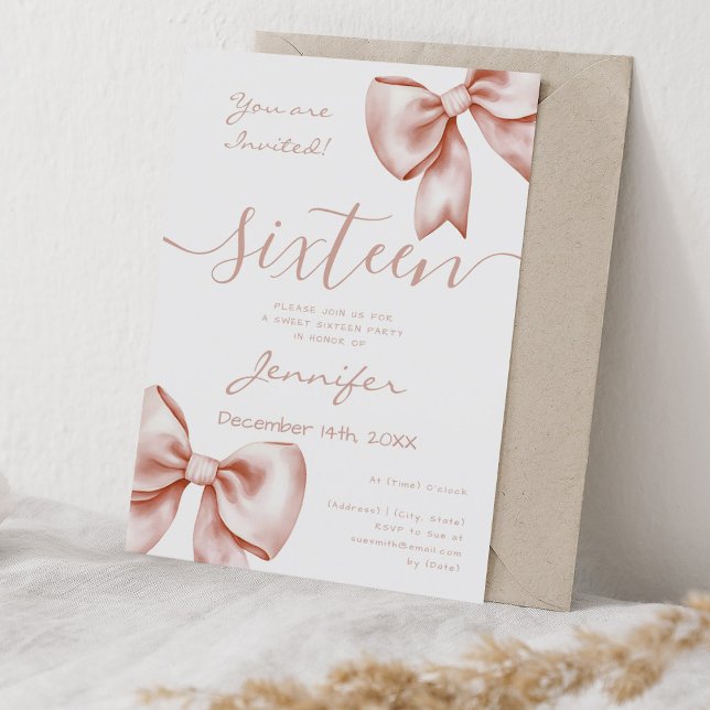 Coquette Ro Guld Bow Sweet 16 Birthday Inbjudningar (Coquette Rose Gold Bow Sweet 16 Birthday Invitation)