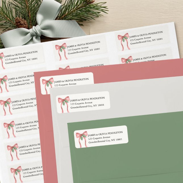 Coquette röd rosett jul returadress etikett (Red Bow and Holly Return Address Labels - Preppy Coquette Holiday Collection by Darling & May)