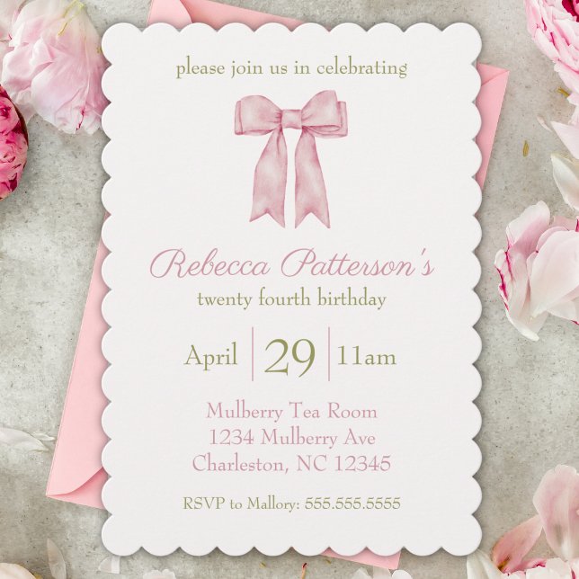 Coquette Rosa Akvarellbåge Feminina Födelsedagsfir Inbjudningar (feminine coquette aesthetic pink bow birthday party invitation shady chic cute bday scallop invite )
