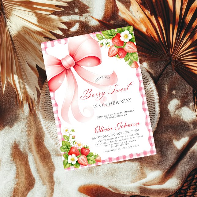 Coquette Rosa Båge Berry Söt Babyfirande Inbjudningar (Skapare uppladdad)