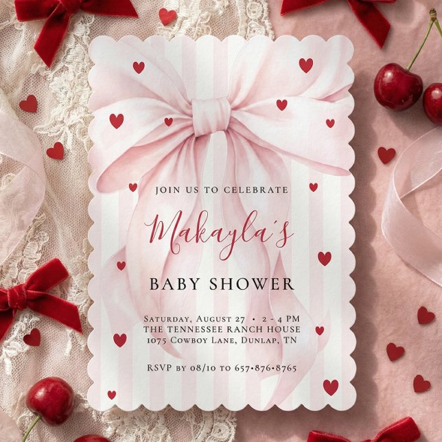 Coquette Rosa Båge Hjärtan Ränder Baby Shower Inbjudningar (Skapare uppladdad)