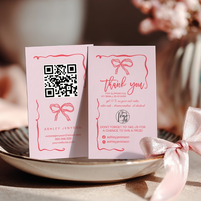 Coquette Rosa Båge Logo QR Tack För Beställningen Visitkort (Coquette Pink Bow Logo QR Thank You Order Business Card)