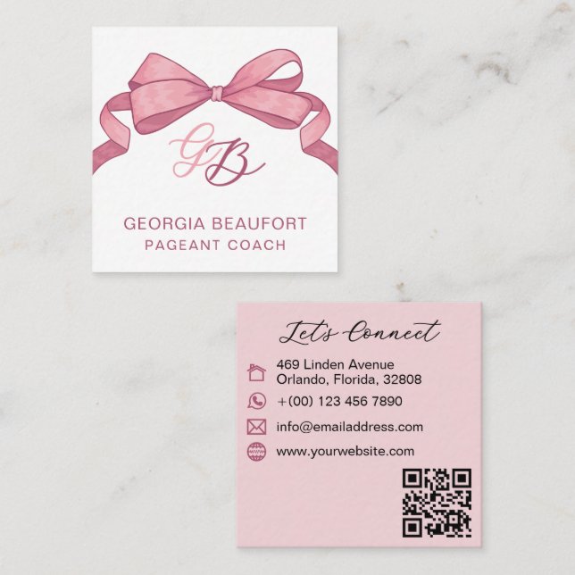 Coquette Rosa Båge Monogram Skönhet QR-kod Fyrkantigt Visitkort (Fram/baksida)