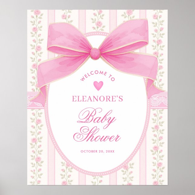 Coquette Rosa Båge Rosor Flick Baby Shower Välkomm Poster (Framsidan)