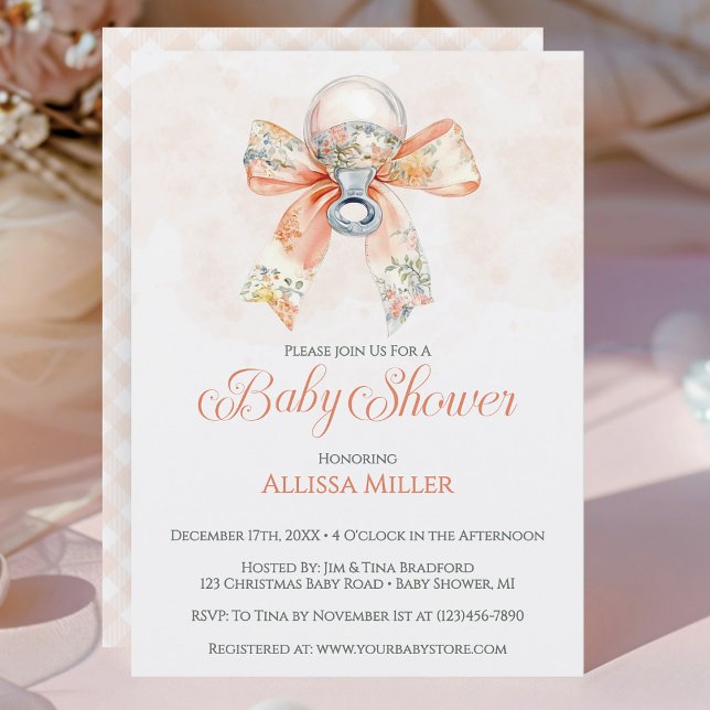 Coquette Rosa Båge Rutig Tjej Baby Shower Inbjudningar (Elegant Coquet Pink Bow Girl Baby Shower Invitation)